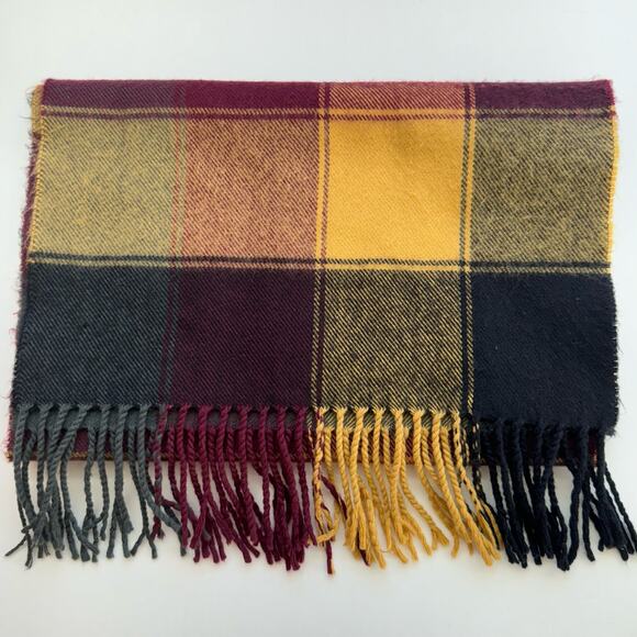 Plaid Cashmere Oblong Scarf Made in England Fringe Trim Brown Yellow Black - Picture 3 of 7